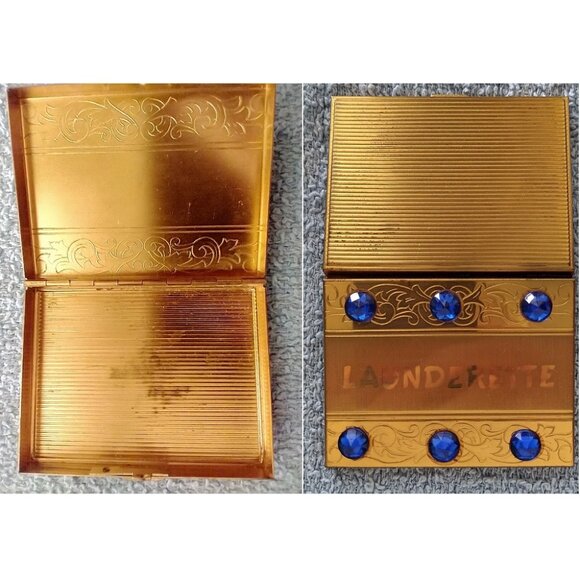 1950s Travel Launderette Wonder Suds Blue Rhinestone Studded Gold Tone Compact - Picture 12 of 16